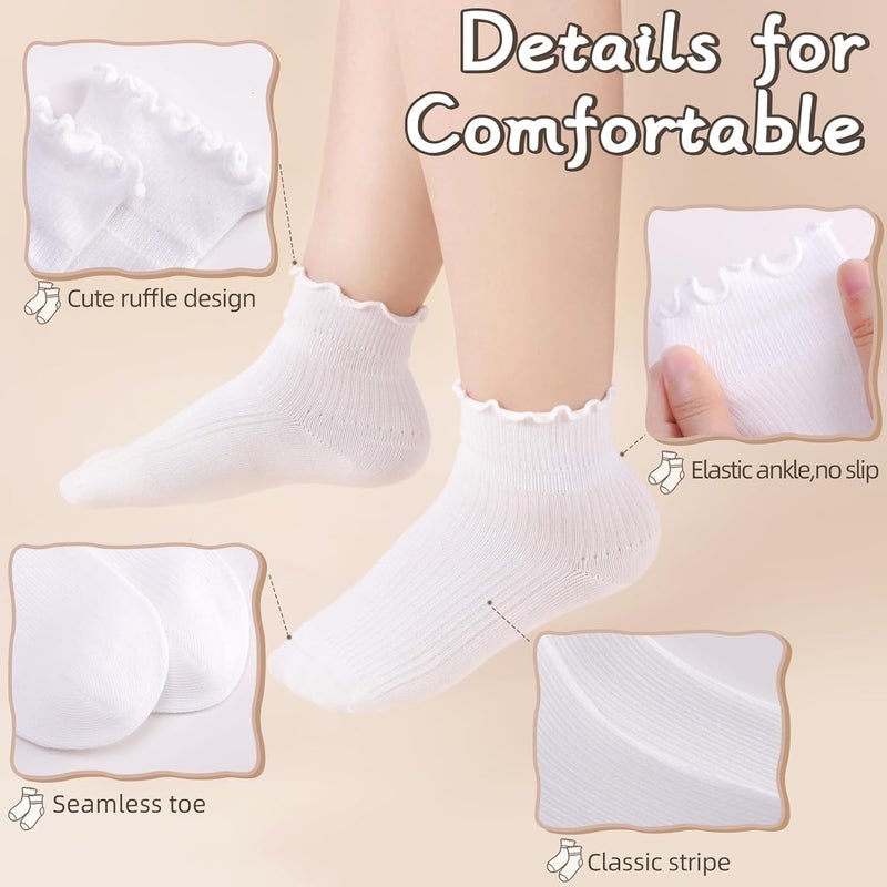 Lainlight Store 6 Pairs White Girls Ruffle Socks Toddler Kids School Uniform Soft Cotton Frilly Dress Socks Seamless Toe - Image 2